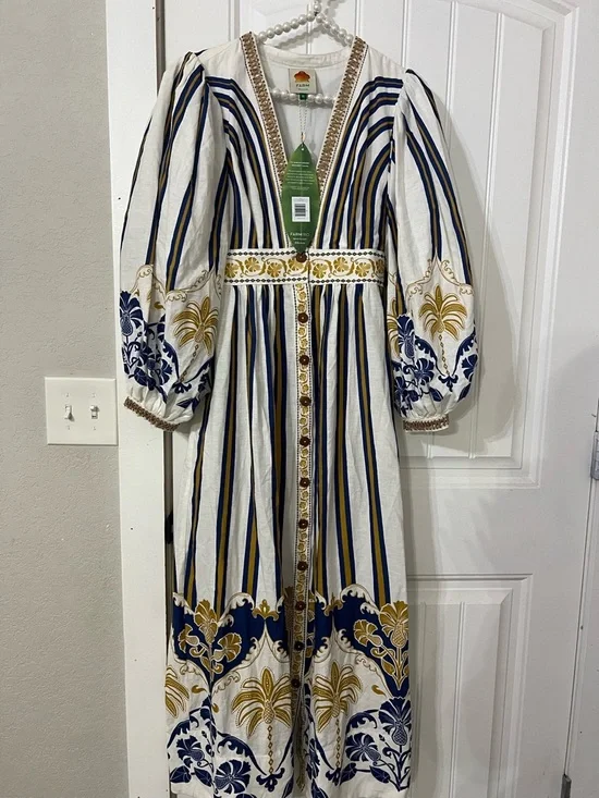 FARM Rio White Maxi Dress with Navy & Gold Stripes - Picture 1 of 5